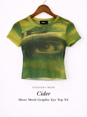 Cider Sheer Mesh Graphic Eye Top XS Green Y2K Stretch Baby Tee